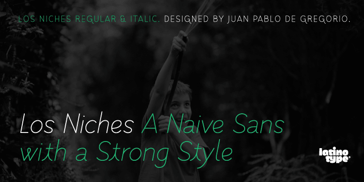 Los Niches is a stylized sans serif typeface that combines modern, monoline characters with strokes and loops reminiscent of manuscript lettering.