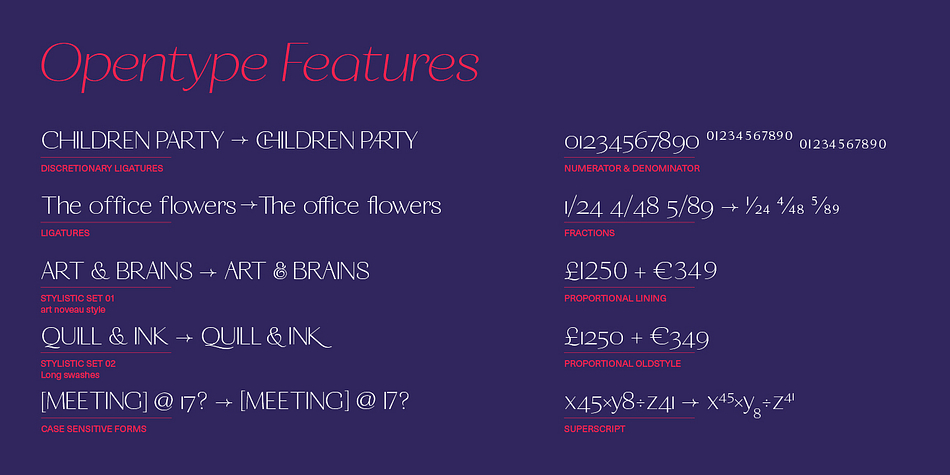 It also has a great amount of lower and uppercase ligatures and an Art Nouveau alternate stylistic set to help you to create some differentiation throughout your projects.