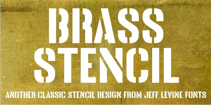 Brass Stencil JNL takes its place amongst the many retro stencil fonts designed by Jeff Levine, and was inspired by a set of vintage brass stencils spotted for sale in an online auction.