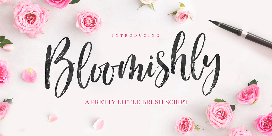 A voluptuous, bouncy brush script with a fabulously flirtatious nature :)

There are 4 variants of Bloomishly, to add even more flexibility to your designs : Regular, Broad, Italic, and Broad Italic.