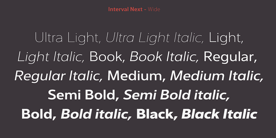 Interval Next is designed by Olivier Gourvat, has extensive Latin language support and supports the languages Cyrillic and  more (130).