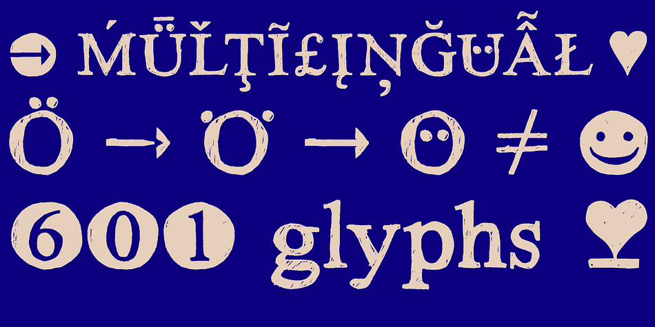 The cha­rac­ter of the rough, ruggend and raw hand­written/hand drawn classic serif type­face creates a very uni­que warm atmosphere.