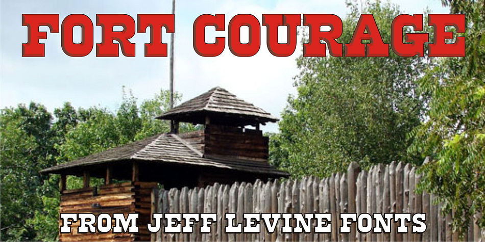 Fort Courage JNL is a bold slab serif wood type in the French Clarendon genre, taking its name as a tongue-in-cheek reference to the cavalry fort populated by a number of post-Civil War misfits in the 1960s television comedy "F Troop".