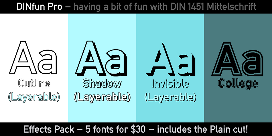 A collection of "simple" transformations of DIN Mittelschrift, but with plenty of manual corrections to make them work well.