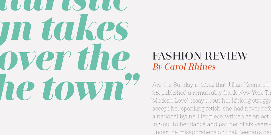 A remarkable feature of this font is that it lacks of teardrop terminals, characteristic of Didone typefaces.