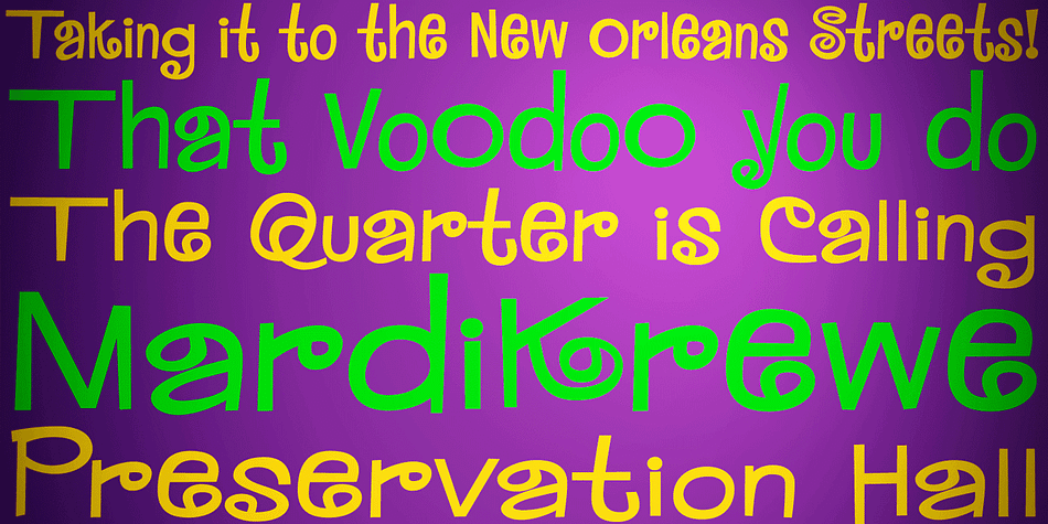 MardiKrewe started as a digitization of a film typeface called MardiGras by Lettergraphics.