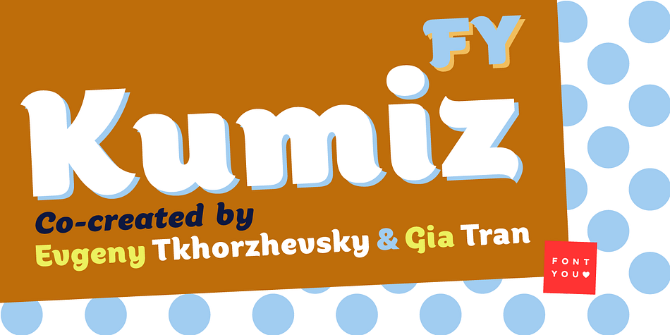 Kumiz FY is a friendly typeface with very generous and absolutely creamy forms. The extra smooth shapes remind of its brush pencil origin and give it a special dynamic characteristic.