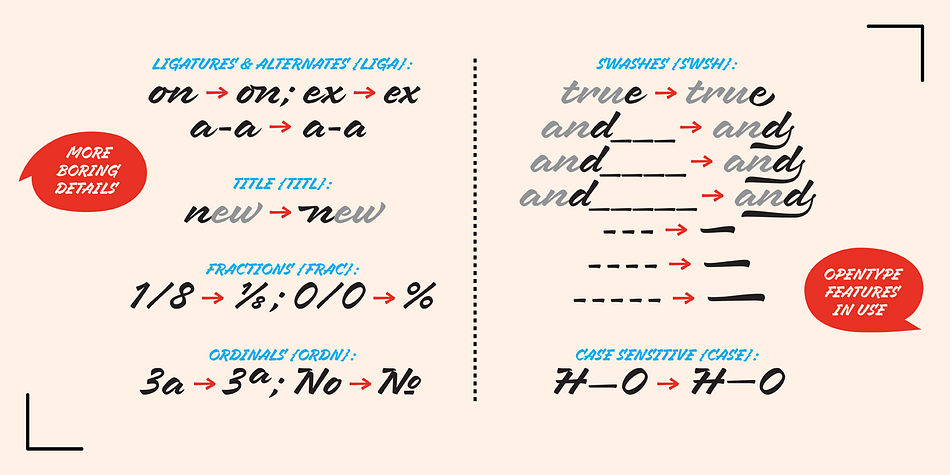 It also has swashes, titles, fractions, ordinals and case sensitive forms.