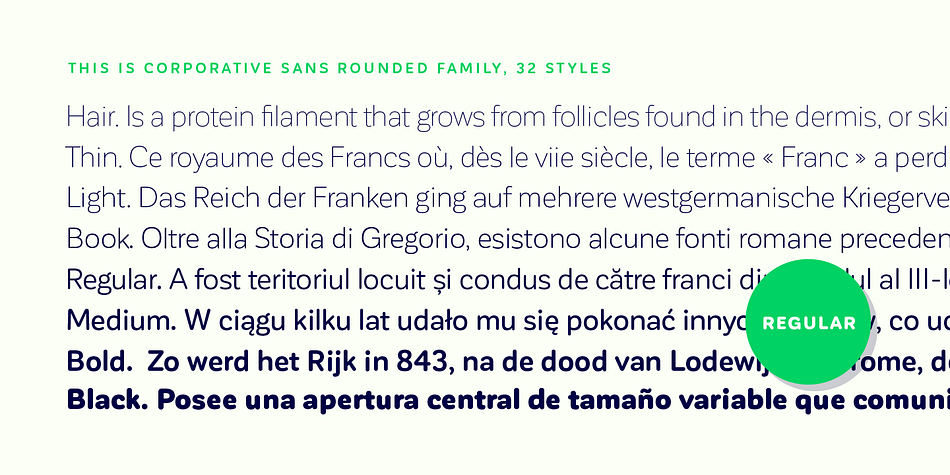 Corporative Sans Rounded provides users with a wide range of characters, weights and widths for every project.