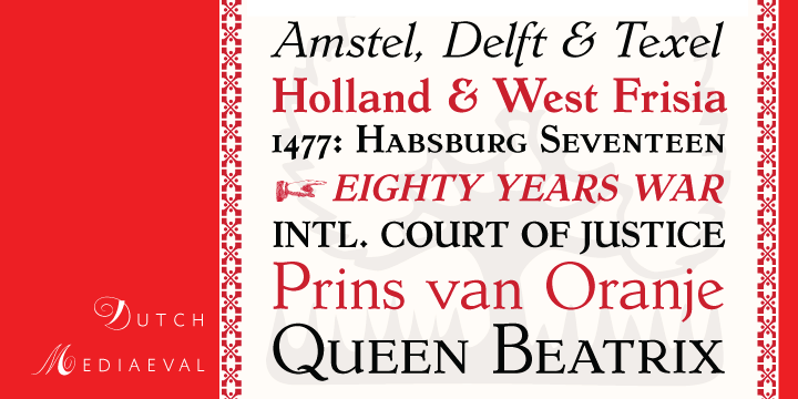 Dutch Mediaeval is a text family based on Hollandse Mediaeval, the 1912 Sjoerd Hendrik deRoos classic, arguably the most popular Dutch text face of the 20th century.