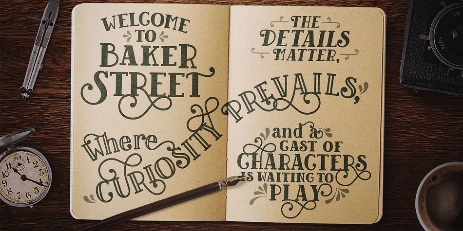 Baker Street delivers a multitude of Opentype features, primarily including hundreds of discretionary ligatures that connect letter pairs through varying flourishes.