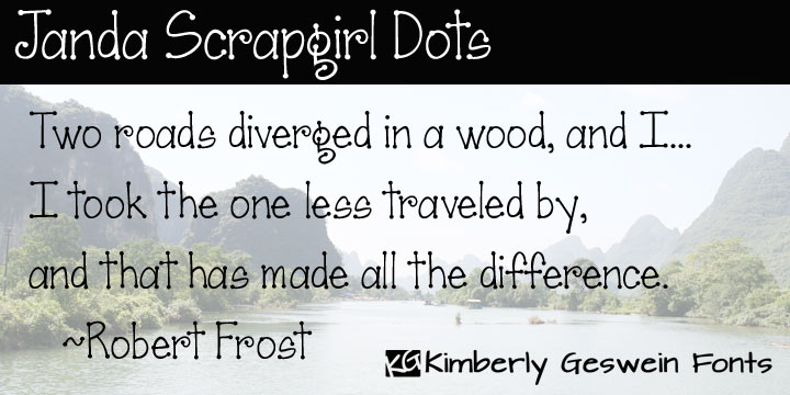 Displaying the beauty and characteristics of the Janda Scrapgirl Dots font family.