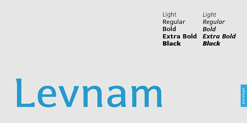 Levnam is a sans-serif family with quite wide proportions, slightly thickened terminals and wide sidebearings.