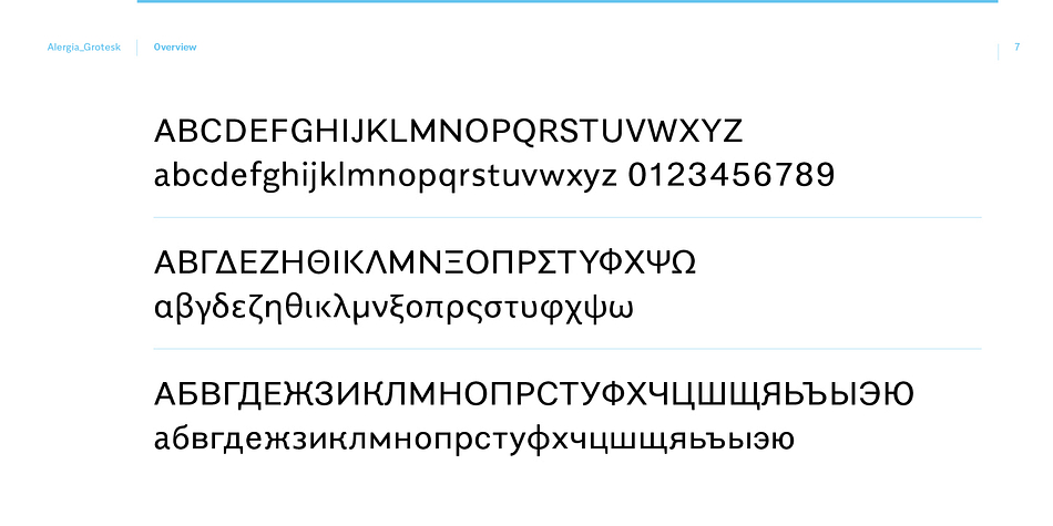 In additionton the Latin letters, Alergia Grotesk also has a full set of characters for Vietnamese, extended Cyrillic (with Abkhasian) and Greek.