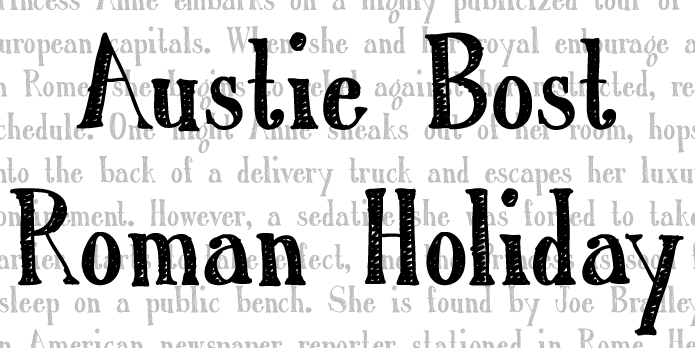 Displaying the beauty and characteristics of the Austie Bost Roman Holiday Sketch font family.