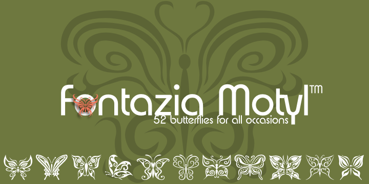 Fontazia Motyl features 52 unique fantasy butterflies motifs.