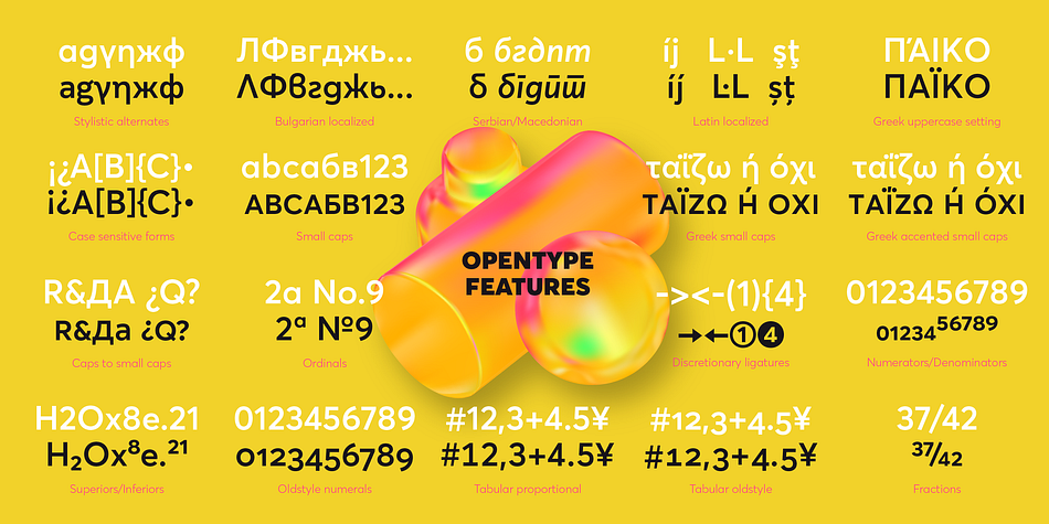 Open apertures and a set of alternate characters such as a two-storey ‘a’ and a double-sloped ‘g’, typically found in Anglo-American gothics, lend the typeface warmth and express an appealing personality.