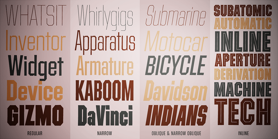 From there, this mechanical typeface was expanded into a giant family of useful widths, weights, and obliques: from spindly thin and light weights, to chunky bold and blacks.