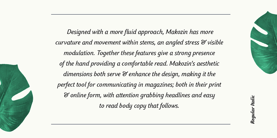 Designed with a more fluid approach, Makozin has more movement and curvature within stems, an angled stress and visible modulation.