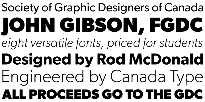It is a humanist sans serif typeface designed by eminent Canadian type designer Rod McDonald, and produced by Patrick Griffin and Kevin King of Canada Type, to honour John Gibson FGDC (1928-2011), Rod