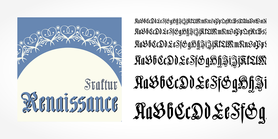 "Renaissance Fraktur Pro" is a classic blackletter font of its epoch which inspires you to create vintage-looking designs with ease.
