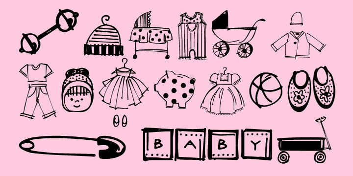 27 darling doodle-like baby illustrations and 3 script and printed baby titles.