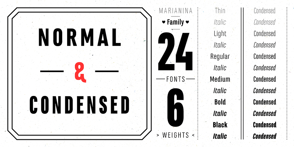 With its very particular inktrapes, subtle in light versions and more visible in the black ones, each roman (condensed and normal) has 6 weights and also exists in italic.