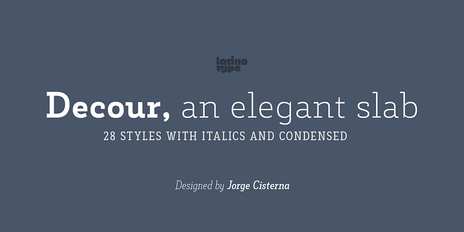 Decour is a Slab Serif typeface that features low contrast between thick and thin strokes and whose proportions were based on those of Art Deco design.