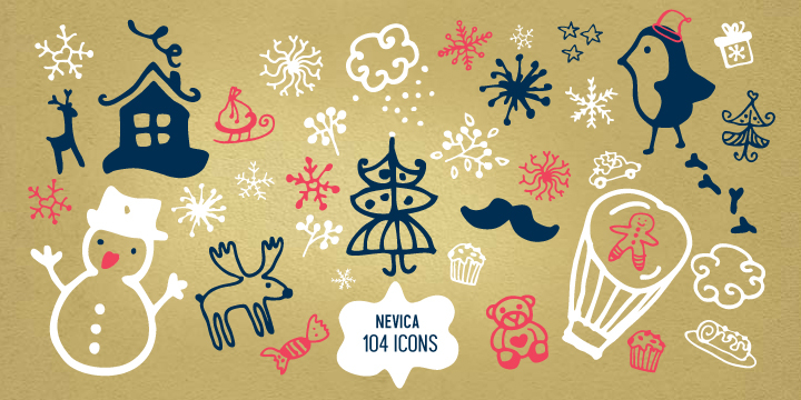 Nevica font offers 103 hand drawn, unique winter icons, it is a perfect set of clip art for designing posters, mugs, pillows, holiday cards and all other type of bespoke stationary.
