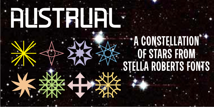 Austrual SRF is a collection of star dingbats created by Jeff Levine for Stella Roberts Fonts.