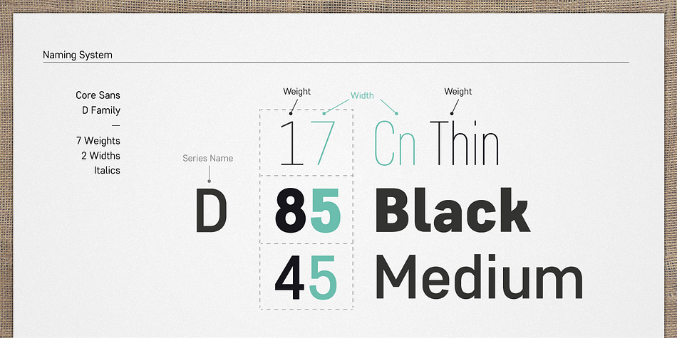 Core Sans D features a condensed geometric construction and has a large x-height which enhances legibility.