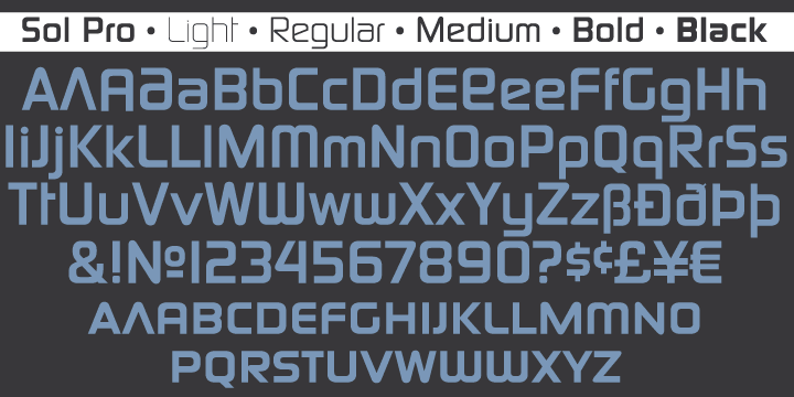 Smith, published by VGC in 1973, Sol Pro goes above and beyond the call of revival/retooling to include plenty of optical improvements to the original design, more weights, italics, small caps, biform shapes, alternates, and extended language support.