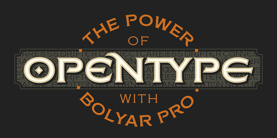 Bolyar Ornate Pro provides a broad range of advanced typographical features such as five weights ranging  from thin (100) to black (900) with full multilingual support of all Latin based languages as well as Cyrillic;  1000 glyphs per weight including  three multilingual stylistic sets, swash designs and useful discretionary ligatures; Sub- and superscript basic Latin and Cyrillic glyphs as well as figures.