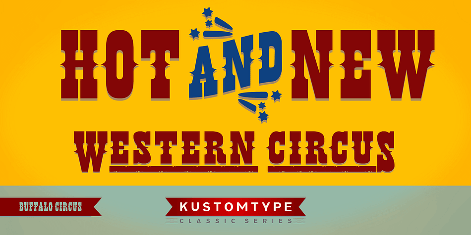 Frederick Cody, as known as Buffalo Bill, and his renowned traveling Western Circus are now celebrated through the creation of the Buffalo Circus and the Buffalo Western type fonts, both developed quite in the spirit of the stirring wood type fonts from the 19th century.