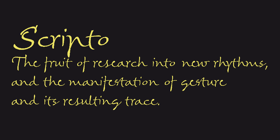 It steers away from usual cursive typefaces and takes some liberty in that respect: in Scripto, slope is not steady, instead there is a great variety of steepness, angles, and counterangles.