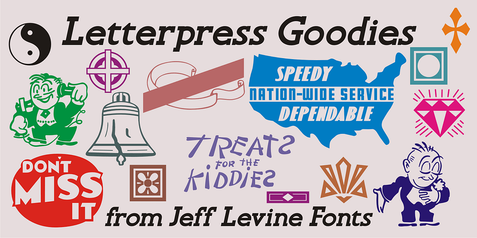 Letterpress Goodies JNL collects various vintage stock art, decorative elements, border pieces and miscellaneous devices into one handy font file chock full of nostalgia for every print purpose.