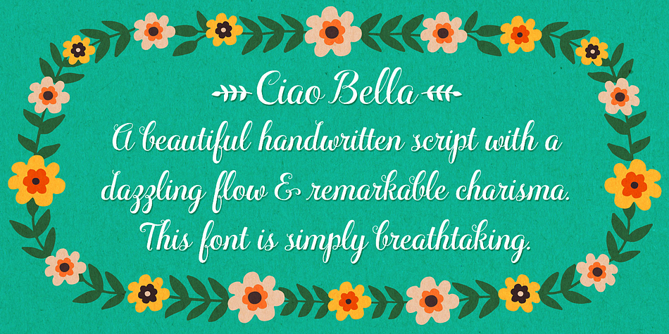 The Ciao Bella script’s full range of international characters and alternates use of the power of OpenType to automatically create a genuinely hand-lettered look.
