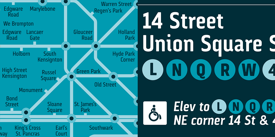 This family is composed by 8 fonts, 4 weight variations and 4 inclination variations, which include European accents marks, ligatures, fractions, ordinals and tabular numbers, in addition to a pictogram set that complement applications for wayfinding and maps.