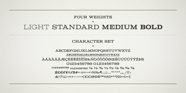 Columbia Titling includes a small set of OpenType features, including both tabular and proportional figures, special superscript ordinal suffixes, underlined superscript alternate letters, and OpenType fractions.