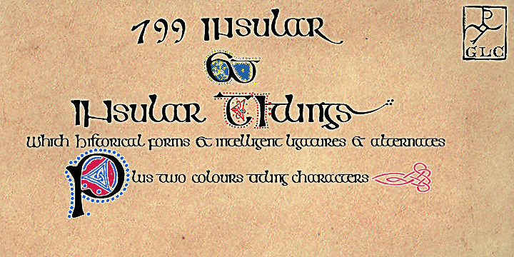 This font was inspired from the so called "Insular Style" Latin script used in Celtic monasteries (Ireland, Scotland -with the well known "Book of Kells"- and England) from the late 6th to  9th, before the Carolingian "Caroline" (look at our "825 Karolus").