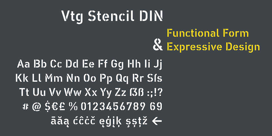 The Vtg Stencil DIN fonts were developed to made the most common stencil type of Germany available in digital type.