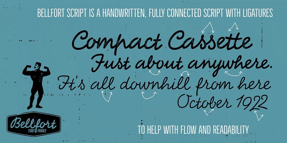 Bellfort Script is a handwritten, fully connected script with ligatures and contextual alternates to help with flow and readability.