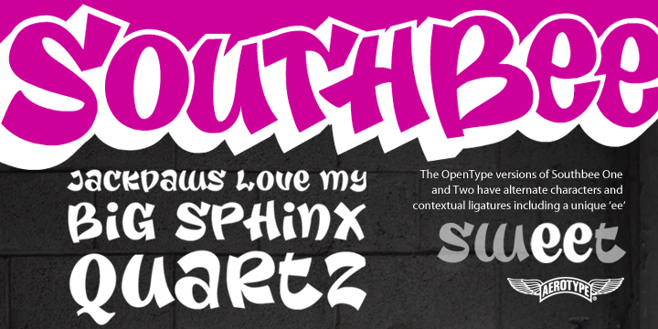 The OpenType versions of Southbee One Pro and Southbee Two Pro have several alternate characters in the lower case register and contextual alternate ligatures, as well as support for Eastern European Latin and Baltic languages.