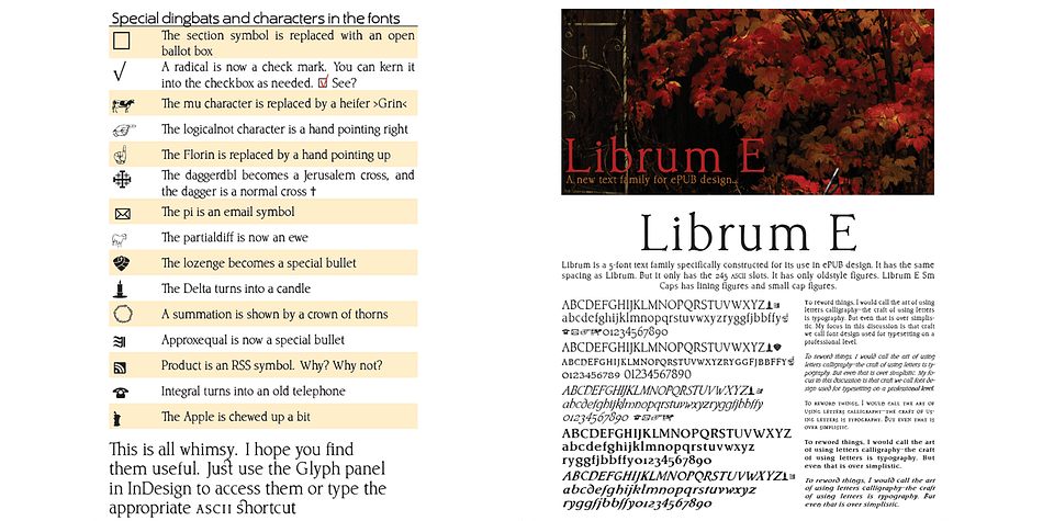 Librum E is a 5-font text family specifically constructed for its use in ePUB design.