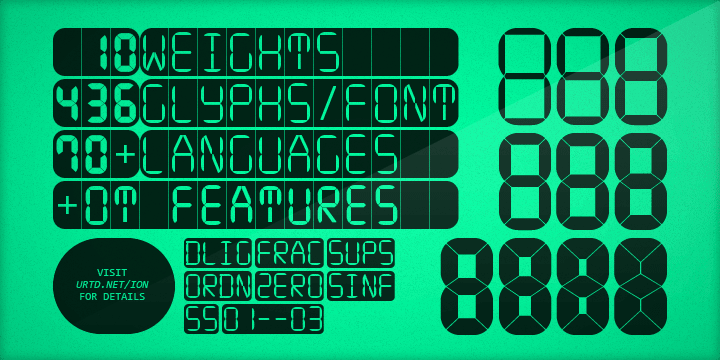The glyphs are based on the classic 7-segment display.