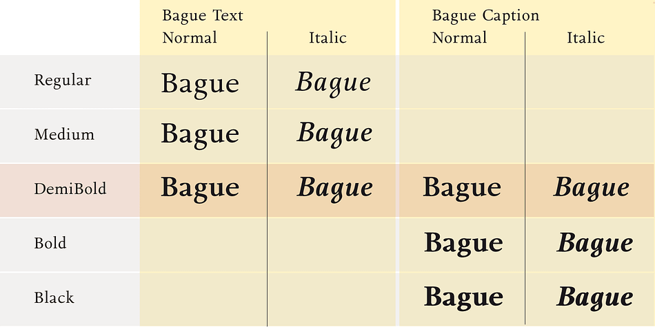 Displaying the beauty and characteristics of the Bague font family.