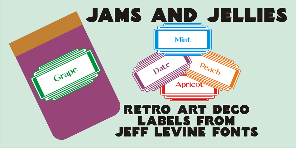 Based on a vintage set of kitchen labels, Jams and Jellies JNL is a font containing 52 of the most common names for jams, jellies and preserves as well as a blank label for creating your own flavor choices.