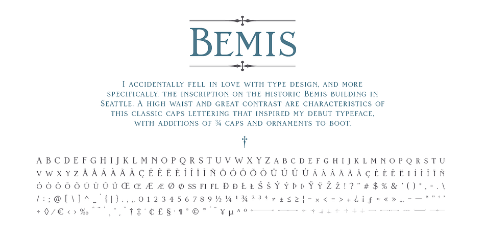 A high waist and great contrast are characteristics of this classic caps lettering that inspired my debut typeface, with additions of 3/4 caps and ornaments to boot.