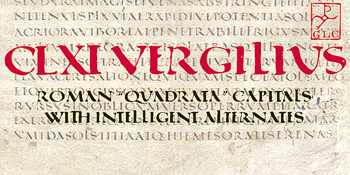 This font was inspirated from the rare manual Roman "Quadrata" used by an unknown scribe to wright a copy of Latin poet Virgil