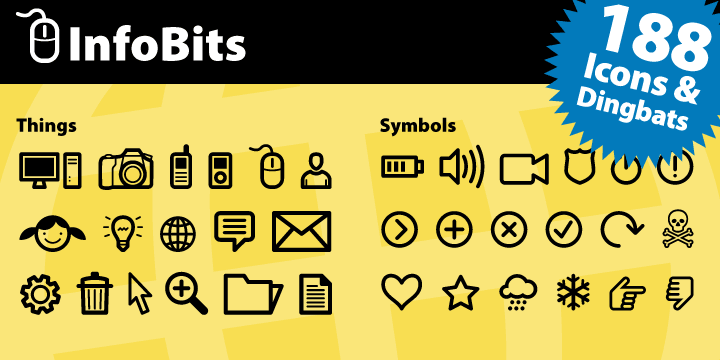 InfoBits is a two-font system of dingbats with a strong technology theme.
